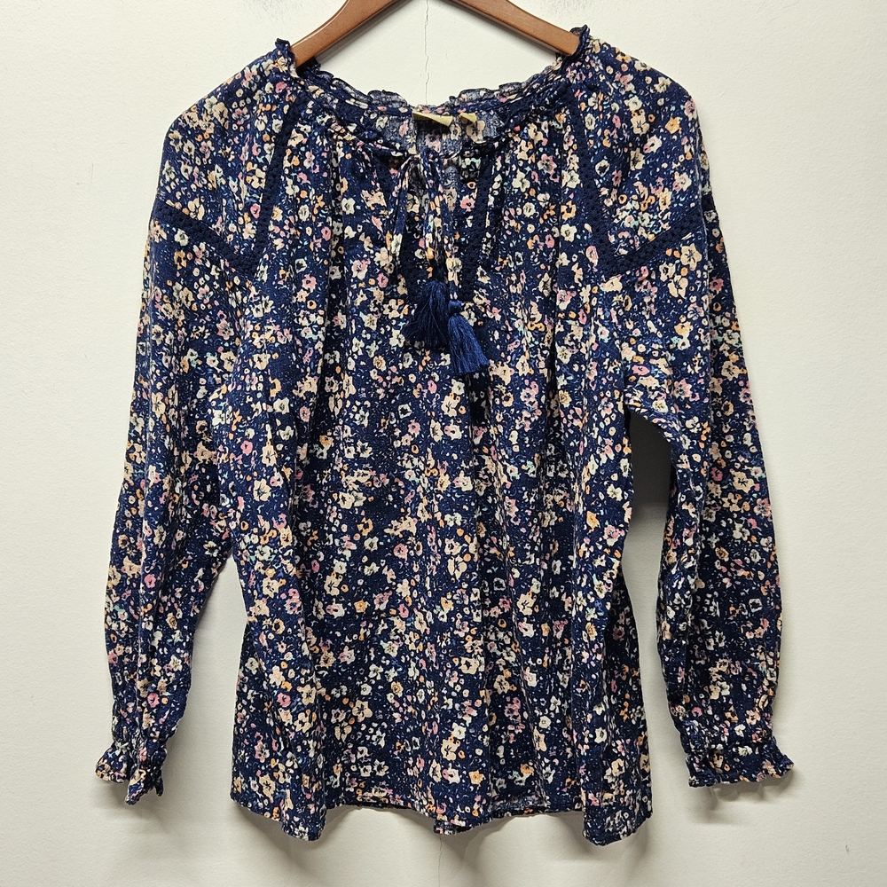 Womens Blouse Blue Floral Crochet Trim Tassel Tie Long Sleeve Size 1X Boho